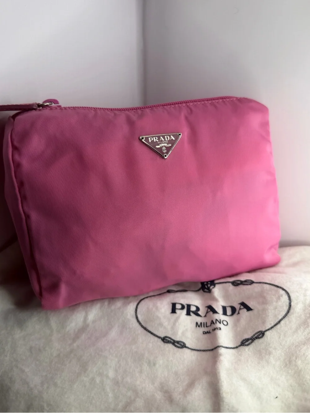 Prada Hot Pink Nylon Cosmetic Pouch with Triangle Logo